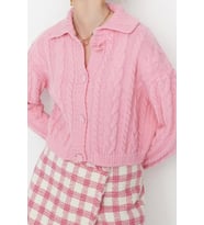 Kadın Modern Tarz Regular Polo Yaka Crop Triko Hırka (Pembe)