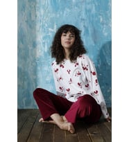Kadın Bisiklet Yaka İnterlok Pamuklu Üst Kadife Alt Kışlık Pijama Eşofman Takımı (Bordo - Beyaz)
