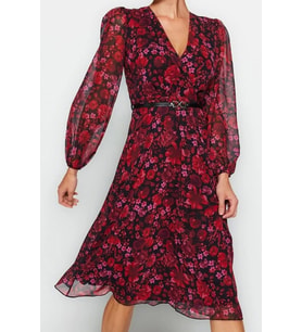 Moda Stil Regular Kruvaze Midi Boy Kemerli A Kesim Yaka Desenli Şifon Elbise Dokuma Elbise (Bordo)