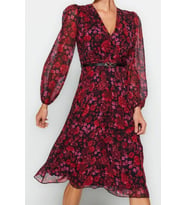 Moda Stil Regular Kruvaze Midi Boy Kemerli A Kesim Yaka Desenli Şifon Elbise Dokuma Elbise (Bordo)