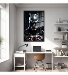 Metal Çerçeveli Cam Tablo Film Karakteri Yakın Çekim Batman (Siyah)