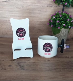 Love Your Self Hediye Sepeti Kupa Bardak T Kulplu ve Ahşap Telefon Standı Arkadaşa Hediye, Anneye Hediye (Model 6)
