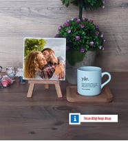 Sevgiliye Hediye Fotoğraflı Dekoratif Taş, Ahşap Altlıklı Türk Kahvesi Fincanı Hediye (Model 1)