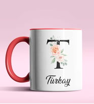 Kişiye Özel T Harfi Temalı Gül Tasarım Siyah Renk Kupa (Kırmızı)