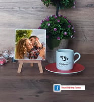 Eşe Hediye Mr Fotoğraflı Dekoratif Taş, Ahşap Altlıklı Türk Kahvesi Fincanı Hediye Yıl Dönümü Hediyesi (Model 8)