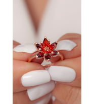 925 Ayar Gümüş Rose Kaplama Renkli Lotus Çiçeği Ayarlanabilir Yüzük (Kırmızı)