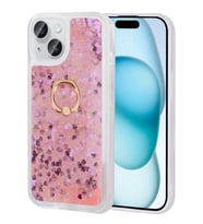 iPhone 15 Plus Kılıf Sıvılı Simli Pullu Yüzüklü Standlı Lüx Silikon (Pembe)