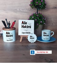 Aile Hekimi Hediye Seti Dekoratif Taş, Kalemlik, Ahşap Altlıklı Türk Kahvesi Fincanı, Ahşap Anahtarlık Hediye (Model 5)