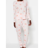 Tarz Rahat Uzun Kollu Boru Paça %100 Pamuklu Kalpli Örme Pijama Takımı (Pudra)