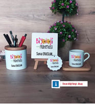 Biyoloji Mühendisi Hediye Seti Dekoratif Taş, Kalemlik, Ahşap Altlıklı Türk Kahvesi Fincanı, Ahşap Anahtarlık Hediye (Model 1)