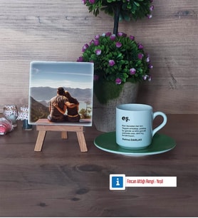 Eşe Hediye Fotoğraflı Dekoratif Taş, Ahşap Altlıklı Türk Kahvesi Fincanı Hediye (Model 9)