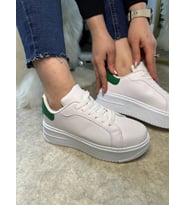 Günlük Kadın Sneaker Bağcıklı Kalın Yüksek Taban Leopar Detay Spor Ayakkabı 065 (Beyaz - Yeşil)
