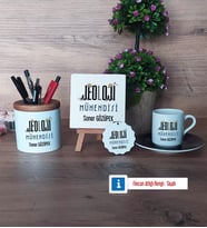 Jeoloji Mühendisi Hediye Seti Dekoratif Taş, Kalemlik, Ahşap Altlıklı Türk Kahvesi Fincanı, Ahşap Anahtarlık Hediye (Model 7)