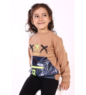 Toontoy Kız Çocuk Cep Detaylı Baskılı Sweatshirt (Kahverengi)