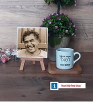Dayıya Hediye Fotoğraflı Dekoratif Taş, Ahşap Altlıklı Türk Kahvesi Fincanı Hediye (Model 1)