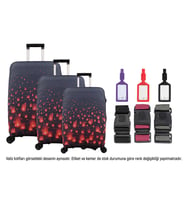Bagacar Kalp 3lü Set Valiz Kılıfı, 3 lü Valiz Kemeri, 3lü Valiz Etiketi (Bordo - Kırmızı)