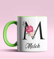 Kişiye Özel M Harfi Temalı Gül Tasarım Siyah Renk Kupa (Yeşil)