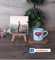 Sevgiliye Hediye Fotoğraflı Dekoratif Taş, Ahşap Altlıklı Türk Kahvesi Fincanı Hediye (Model 1)