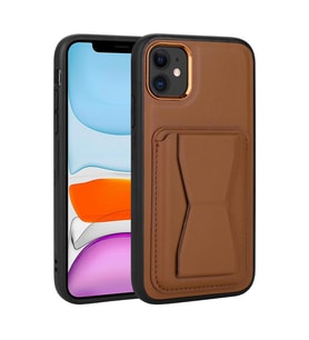 Uyumlu Model Apple iPhone 12 Kılıf ?Pu Deri Kartlıklı Standlı Kapak (KAHVE)
