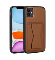 Uyumlu Model Apple iPhone 12 Kılıf ?Pu Deri Kartlıklı Standlı Kapak (KAHVE)