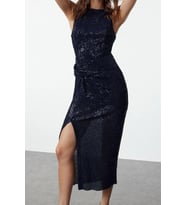 Moda Stil Fitted Halter Yaka Midi Boy Vücuda Oturan Örme Parıltılı Pul Payet Şık Abiye Elbise (Zümrüt Yeşili)