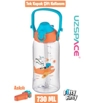 Uzspace 730ml Tritan Tek Kapak Çift Kullanım Pipetli/Pipetsiz Askı Aparatlı Tritan Çocuk Su Matarası