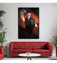 Metal Çerçeveli Temperli Cam Tablo Türk Bayrağı ve Atatürk (Siyah)