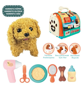 Sesli Yürüyen Taşıma Çantalı Hareketli Pilli Peluş Köpek Aksesuarlı Set Pet Shop Kafesli Taşınabilir (Kahverengi)