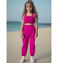 Kız Bebek Düz Renk Crop Pantolon Set (Pembe)