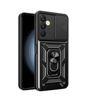 Samsung Galaxy A25 Kılıf Yüzüklü Standli Sürgülü Kamera Korumalı Tank Sert Silikon Kapak (Siyah)