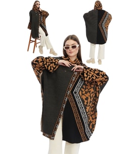 Kadın Büyük Bedene Uygun Kapüşonlu Kışlık Kalın Leopar Desenli Panço (Kahverengi)