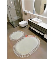 My Evilla Modern Simirna Dekoratif  Peluş Oval 60x100-50x60 Ponpon Saçaklı Klozet Takımı (Krem)