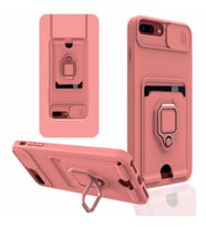 Uyumlu Model Apple iPhone 6 Plus 6S Plus Kılıf Kartlıklı Magnetli Lens Kapatmalı (Pembe)