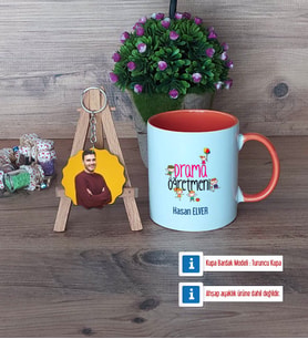 Drama Öğretmeni Kupa Bardak Beyaz ve Fotoğraflı Ahşap Anahtarlık Hediye (Model 13)