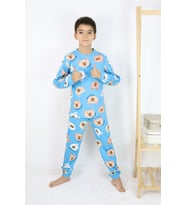 Erkek Çocuk Baskılı interlok Kumaş Uzun Kollu Pijama Takımı (Açık Mavi)