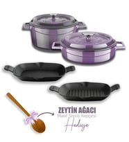 Lava Döküm 5X Trendy Serisi Döküm Demir Tencere Tava Çeyiz Seti (Mor)