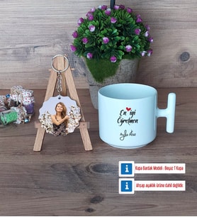 En İyi Öğretmen Kupa Bardak Beyaz ve Fotoğraflı Ahşap Anahtarlık Hediye (Model 12)