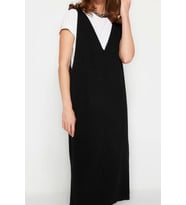 Moda Stil Regular V Yaka Maxi Boy Triko Jile Elbise (Siyah)