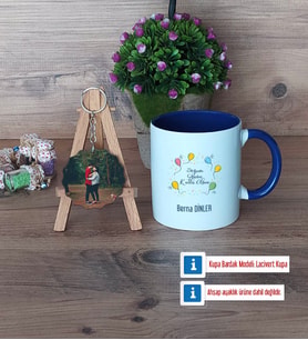 Doğum Günü Hediyesi Kupa Bardak Beyaz ve Fotoğraflı Ahşap Anahtarlık Hediye (Model 3)