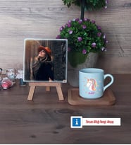 Unicorn Fotoğraflı Dekoratif Taş, Ahşap Altlıklı Türk Kahvesi Fincanı Hediye (Model 1)