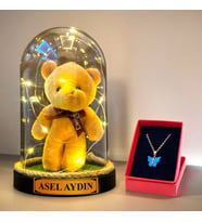 Kişiye Özel Peluş Ayıcıklı Büyük Boy Fanus, Led Işıklı ve Kelebek Kolyeli Hediye Seti HA4 (Krem)