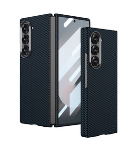 Galaxy Z Fold 6 Kılıf Kamera Korumalı Karbon Fiber Tasarımlı Arka Yüzey Kıpta Karbon Kılıf (Lacivert)