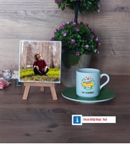 Öğretmenler Günü Hediyesi Fotoğraflı Dekoratif Taş, Ahşap Altlıklı Türk Kahvesi Fincanı Hediye (Model 9)