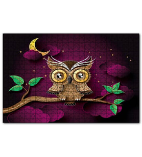 Cakapuzzle Daldaki Kahverengi Sarı Baykuş Mor Arkaplan  Puzzle Yapboz MDF (Ahşap) (255 Parça)