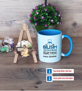 Bilişim Teknolojileri Öğretmeni Kupa Bardak Beyaz ve Fotoğraflı Ahşap Anahtarlık Hediye Öğretmenler Günü Hediyesi (Model 4)