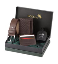 Polo Air Dama Desenli Kutulu Erkek Cüzdan Kemer Kartlık Parfüm Seti PM-13 (Kahverengi)