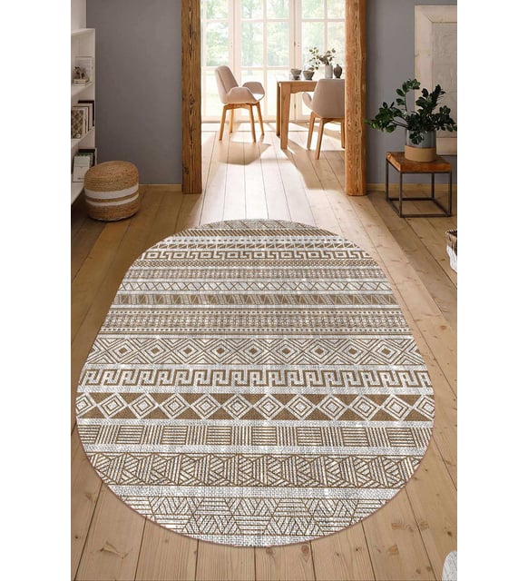 Dijital Baskılı Kaymaz Taban Yıkanabilir Oval Salon Halısı Mutfak Halısı Yolluk NDO-HT-929 (Kahverengi)