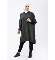 Kadın Yandan Bağcıklı Kapüşonlu Panço 4304 (Küf Yeşili)