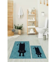 EVDEYA Dijital Baskılı Yıkanabilir Sevimli Kedi İkili Banyo Halısı Paspas Klozet Takımı, KLOZET-39-GRİ, (Mavi)