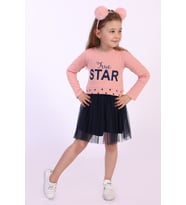 Toontoy Kız Çocuk Star Baskılı Tüllü Elbise (Pudra)